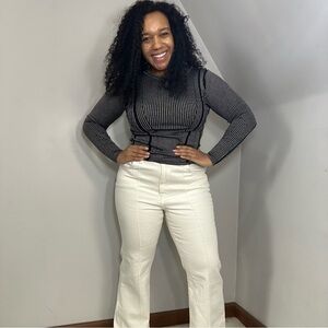 Pilcro white flare leg jeans pants high waisted 70s groovy neutral denim slacks